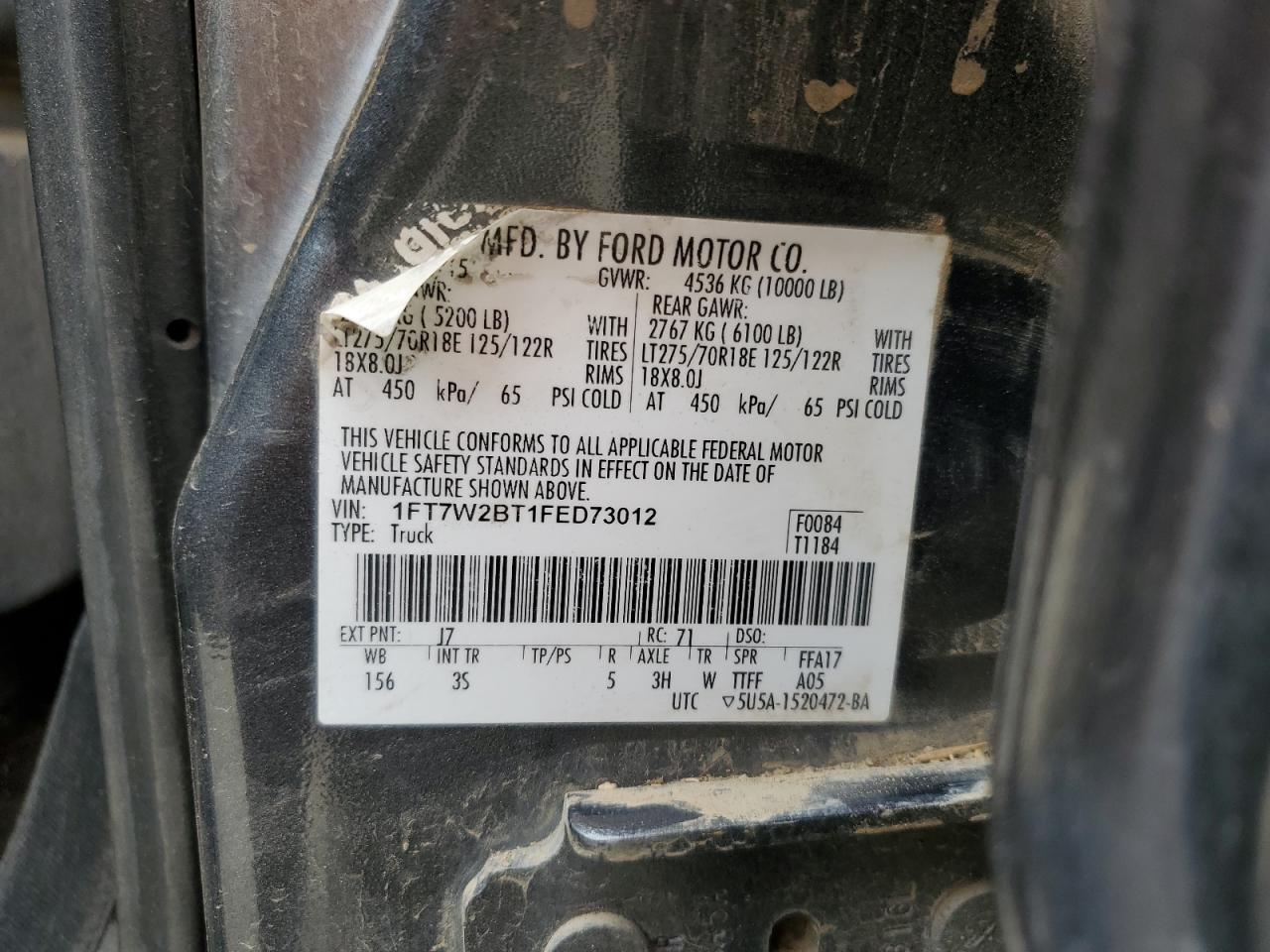 2015 Ford F250 VIN 1FT7W2BT1FED73012 Copart auction photo, rollover damage thumbnail 13