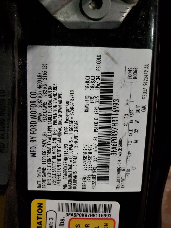 2017 Ford Fusion VIN 3FA6P0K97HR116993 Copart auction photo, rear end / side damage thumbnail 12