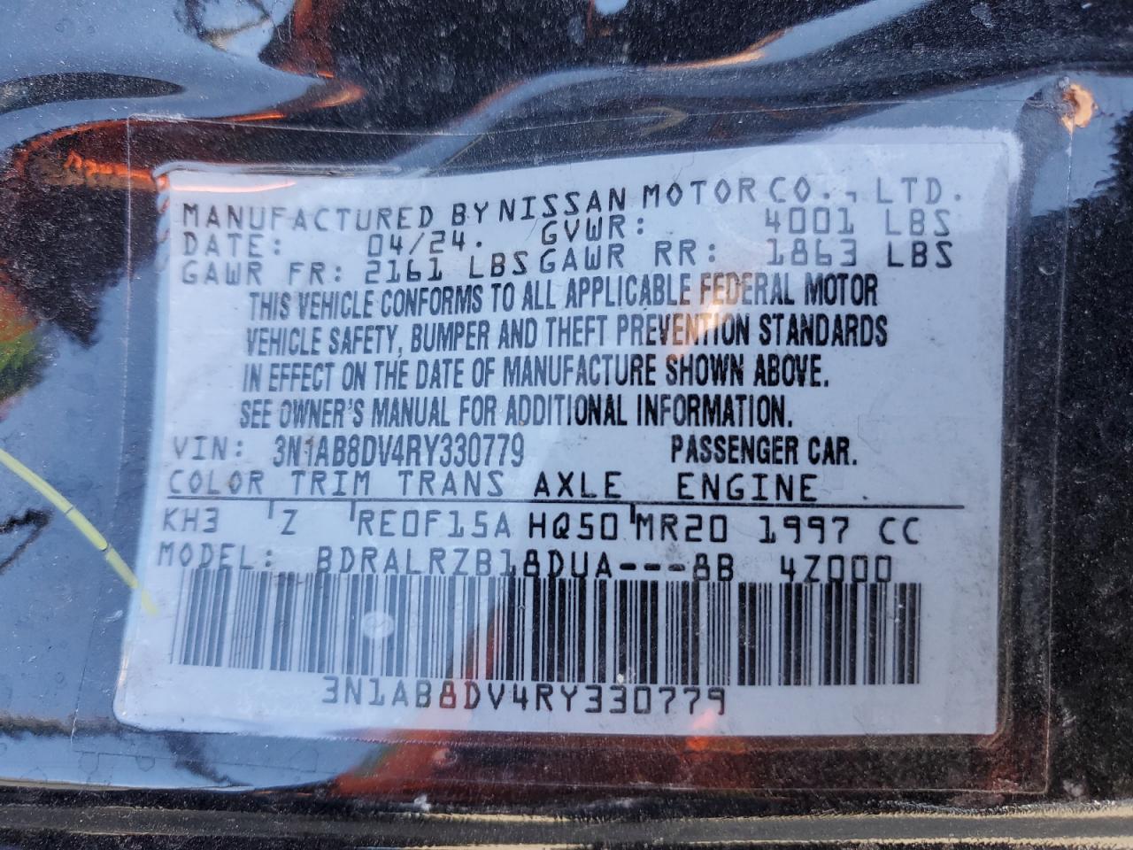 2024 Nissan Sentra VIN 3N1AB8DV4RY330779 Copart auction photo, all over damage thumbnail 14
