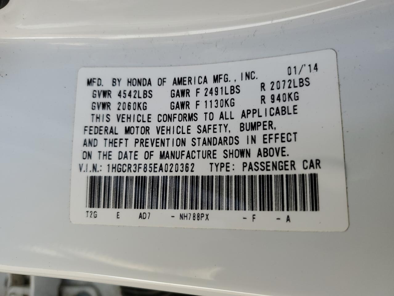 2014 Honda Accord VIN 1HGCR3F85EA020362 Copart auction photo, front end / side damage thumbnail 12