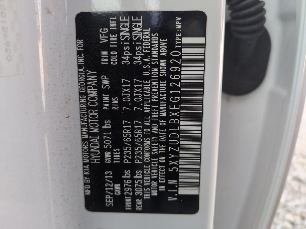 2014 Hyundai Santa Fe VIN 5XYZUDLBXEG126920 Copart auction photo, front end damage thumbnail 12