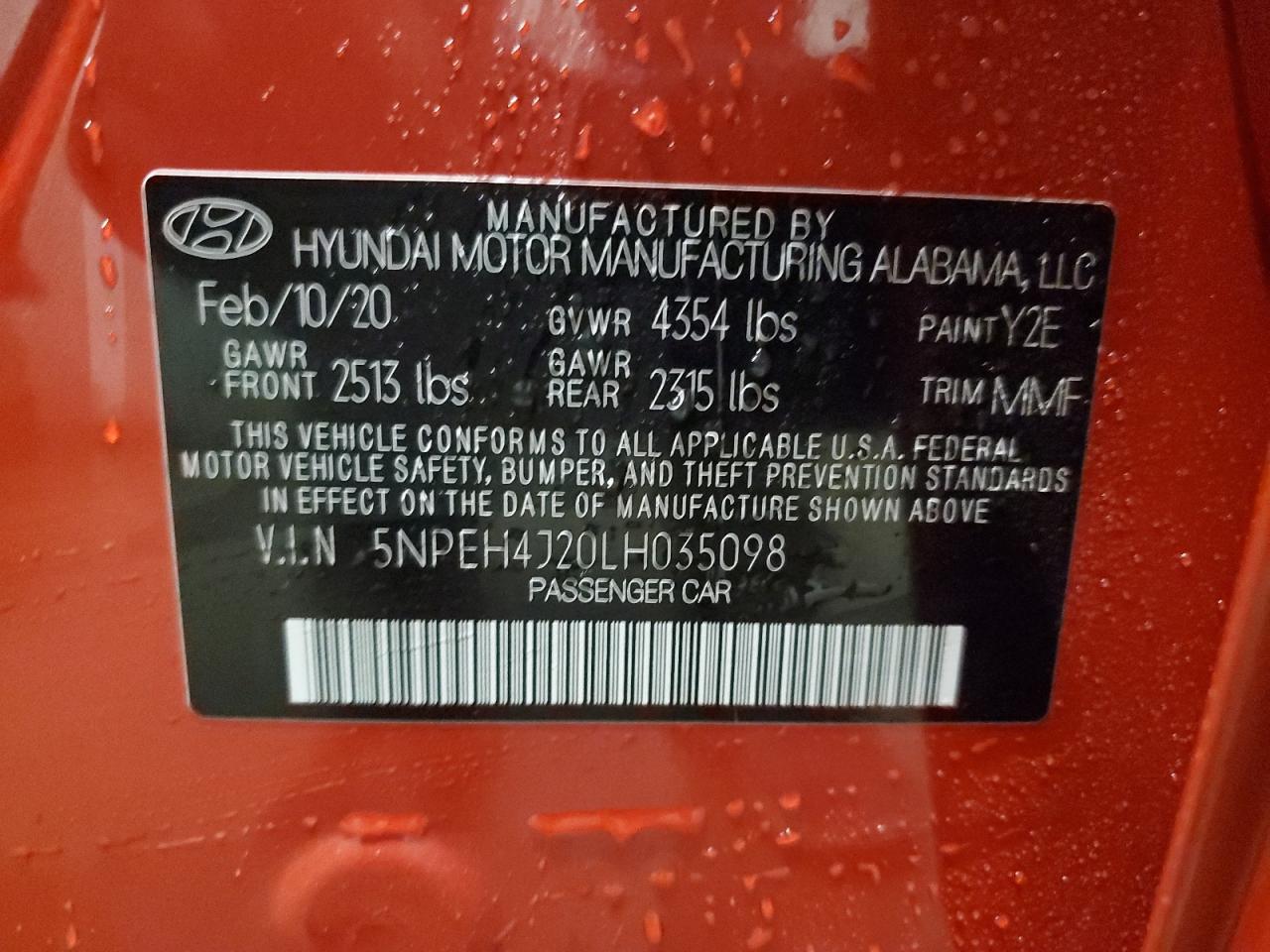 2020 Hyundai Sonata VIN 5NPEH4J20LH035098 Copart auction photo, front end damage thumbnail 14