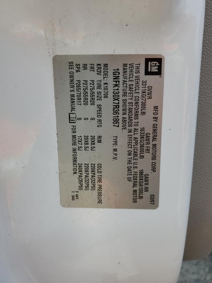 2007 Chevrolet Tahoe VIN 1GNFK130X7R361867 Copart auction photo, water/flood damage thumbnail 14