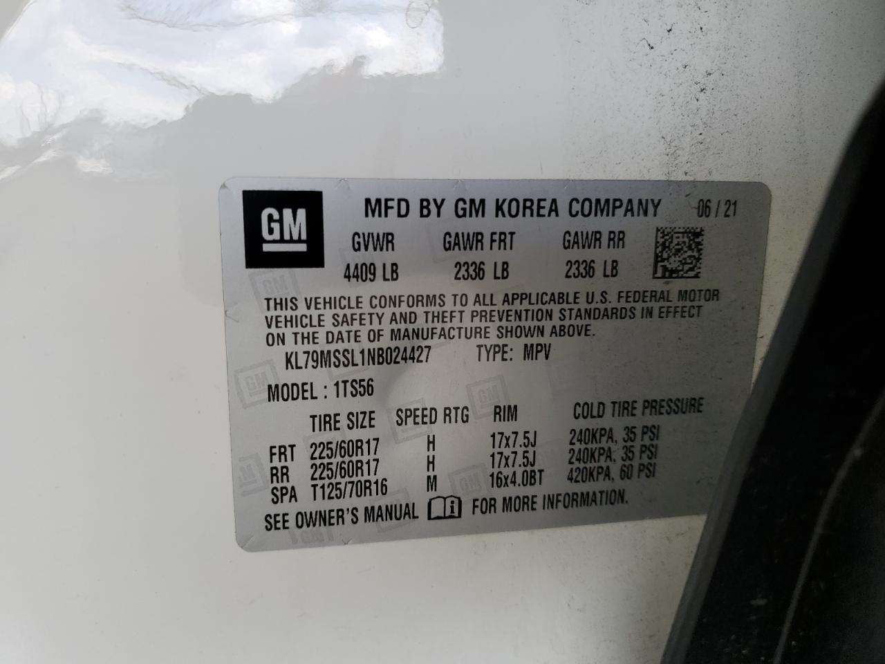 2022 Chevrolet TrailBlazer VIN KL79MSSL1NB024427 Copart auction photo, rear end damage thumbnail 15
