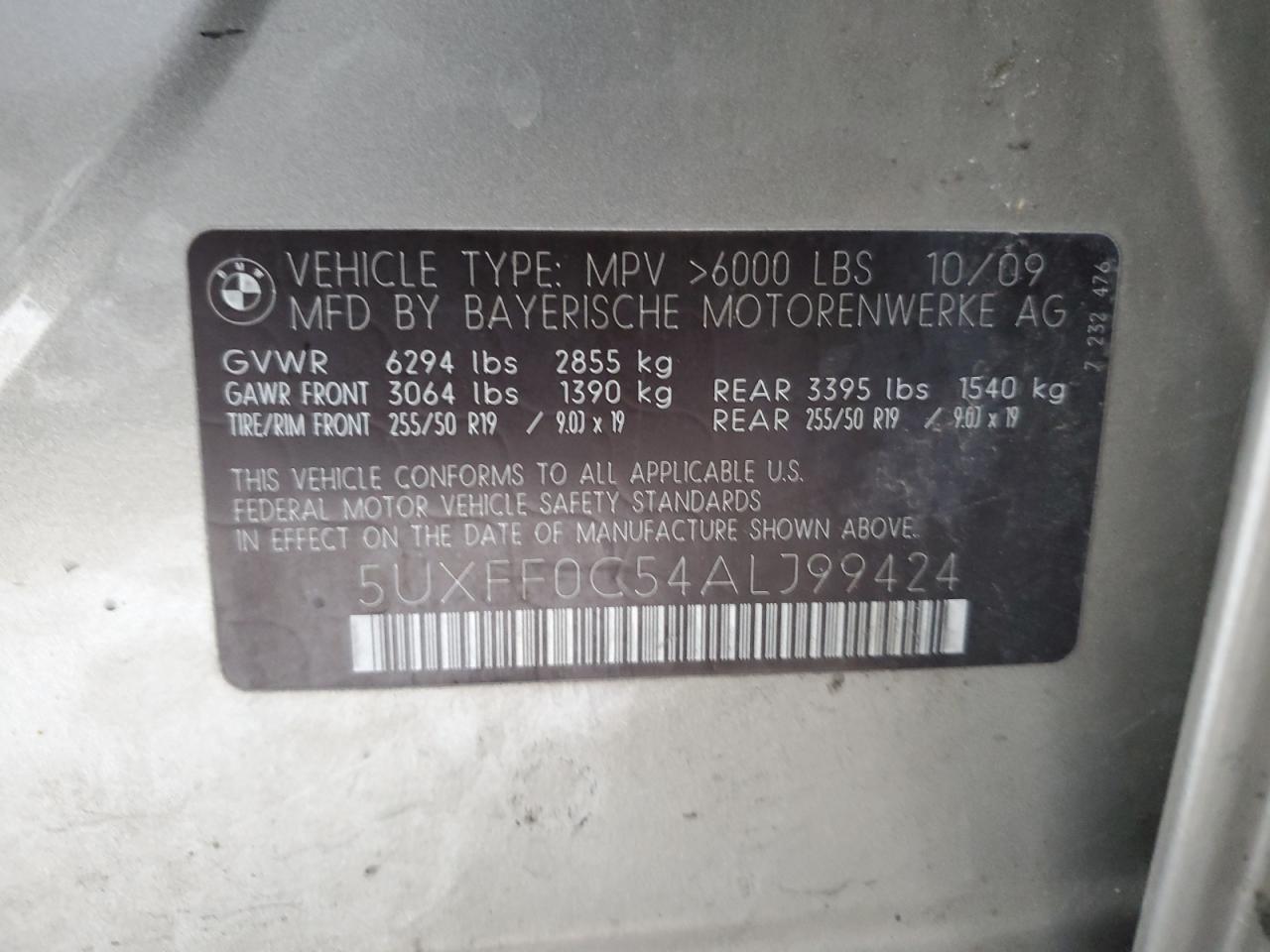 2010 BMW X5 VIN 5UXFF0C54ALJ99424 Copart auction photo, undercarriage / front end damage thumbnail 12