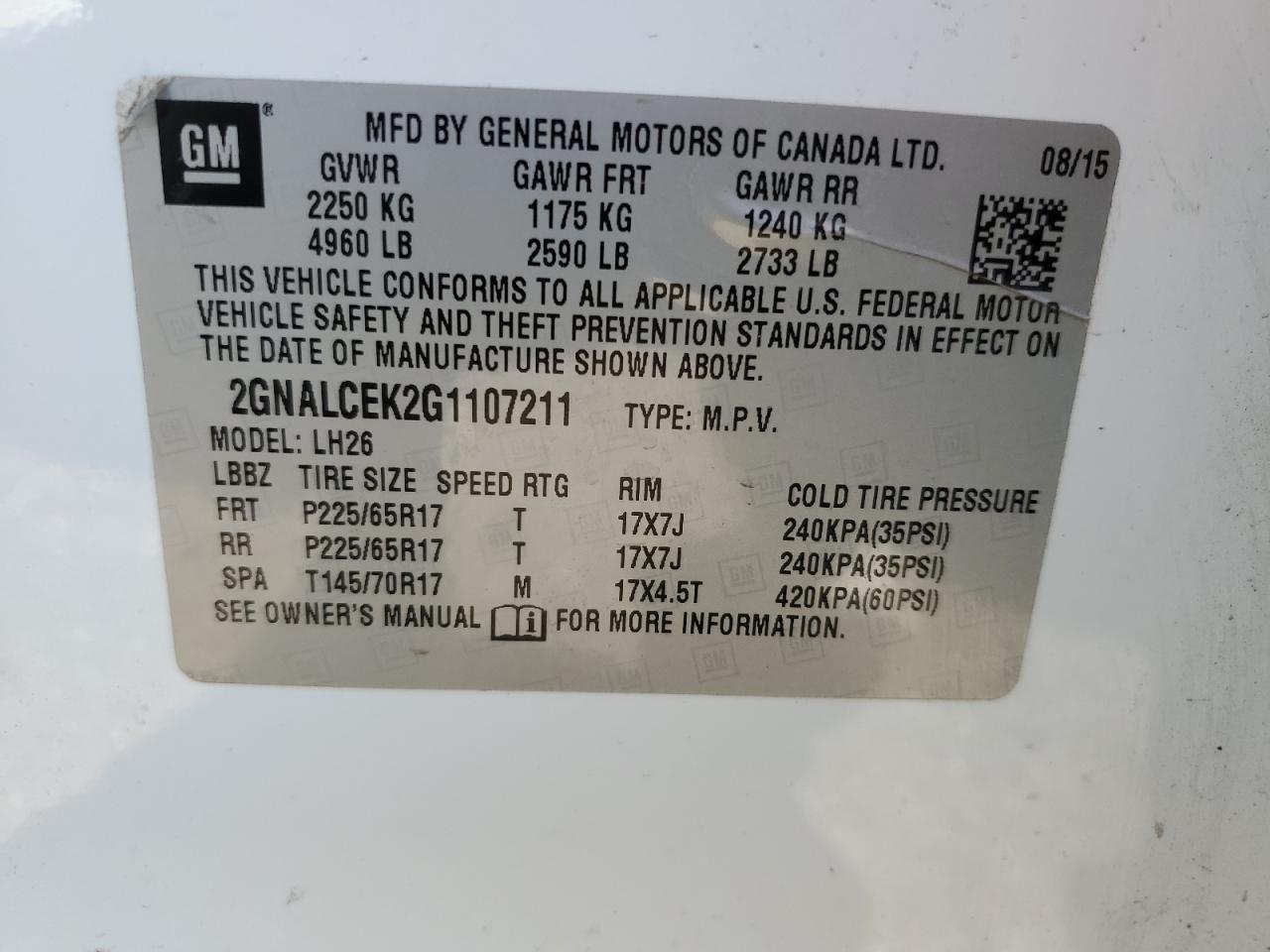 2016 Chevrolet Equinox VIN 2GNALCEK2G1107211 Copart auction photo, mechanical damage thumbnail 13