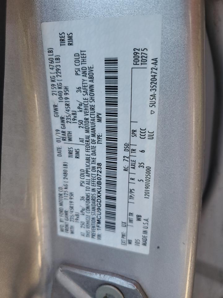 2019 Ford Escape VIN 1FMCU9GDXKUB07238 Copart auction photo, side damage thumbnail 14