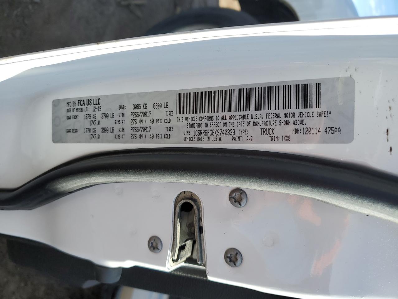 2019 RAM 1500 VIN 1C6RR6FG6KS740333 Copart auction photo, front end damage thumbnail 12