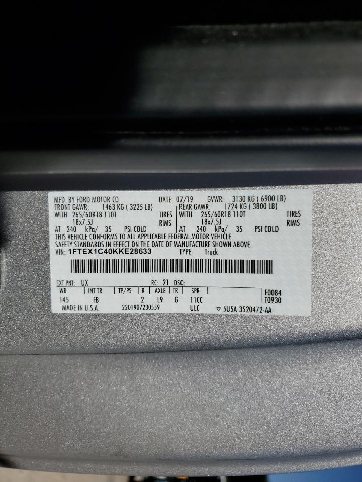 2019 Ford F-150 VIN 1FTEX1C40KKE28633 Copart auction photo, rear end damage thumbnail 12