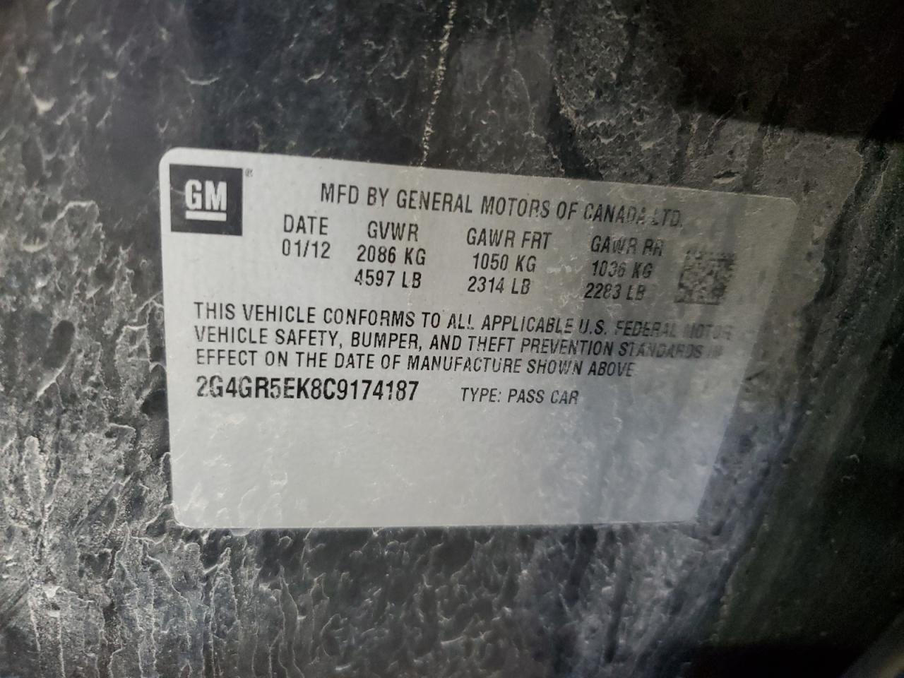 2012 Buick Regal VIN 2G4GR5EK8C9174187 Copart auction photo, front end / side damage thumbnail 13