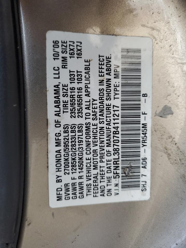 2007 Honda Odyssey VIN 5FNRL38707B411217 Copart auction photo, rollover damage thumbnail 14