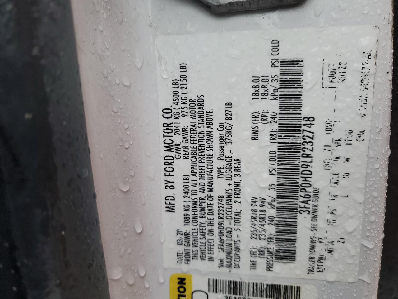 2020 Ford Fusion VIN 3FA6P0HD9LR232748 Copart auction photo, side damage thumbnail 13