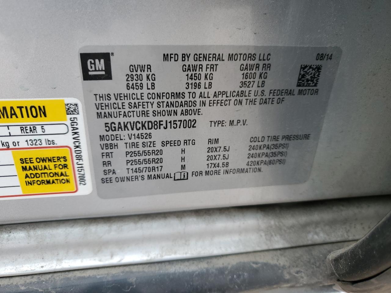 2015 Buick Enclave VIN 5GAKVCKD8FJ157002 Copart auction photo, front end / minor dent/scratches damage thumbnail 15