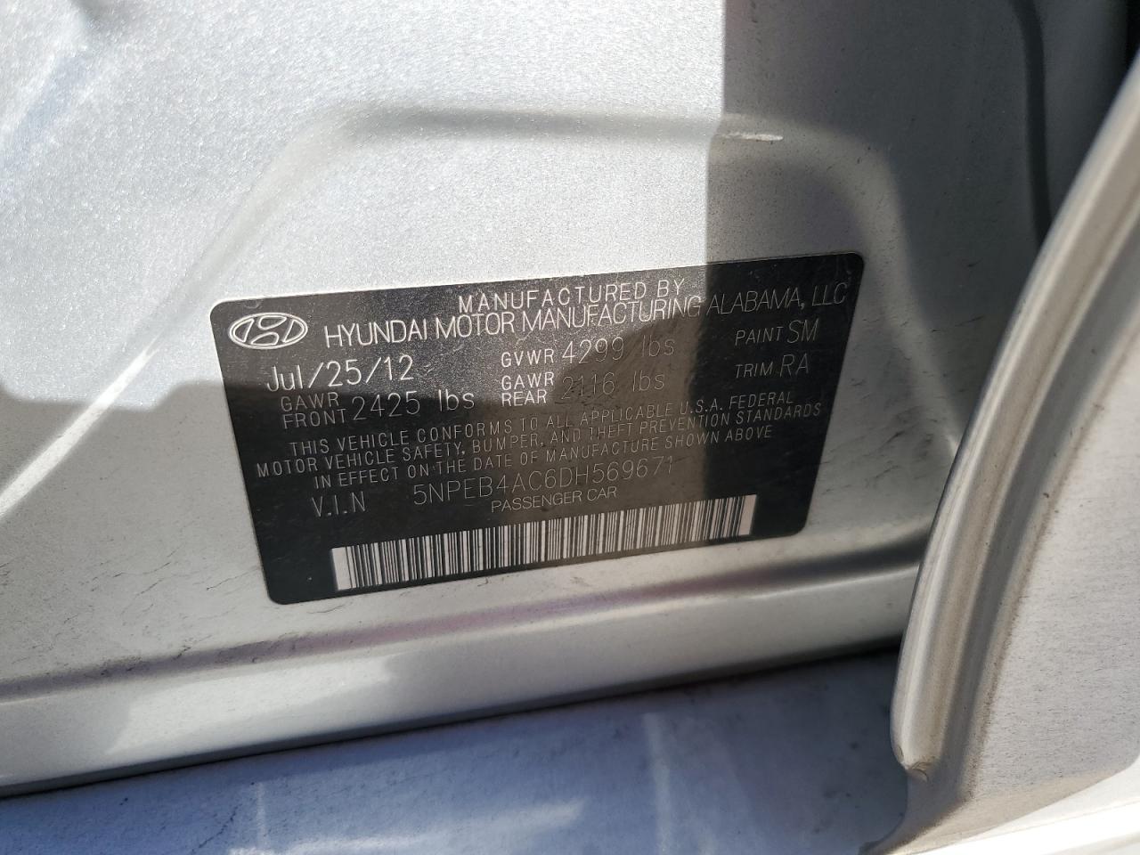 2013 Hyundai Sonata VIN 5NPEB4AC6DH569671 Copart auction photo, front end / hail damage thumbnail 14