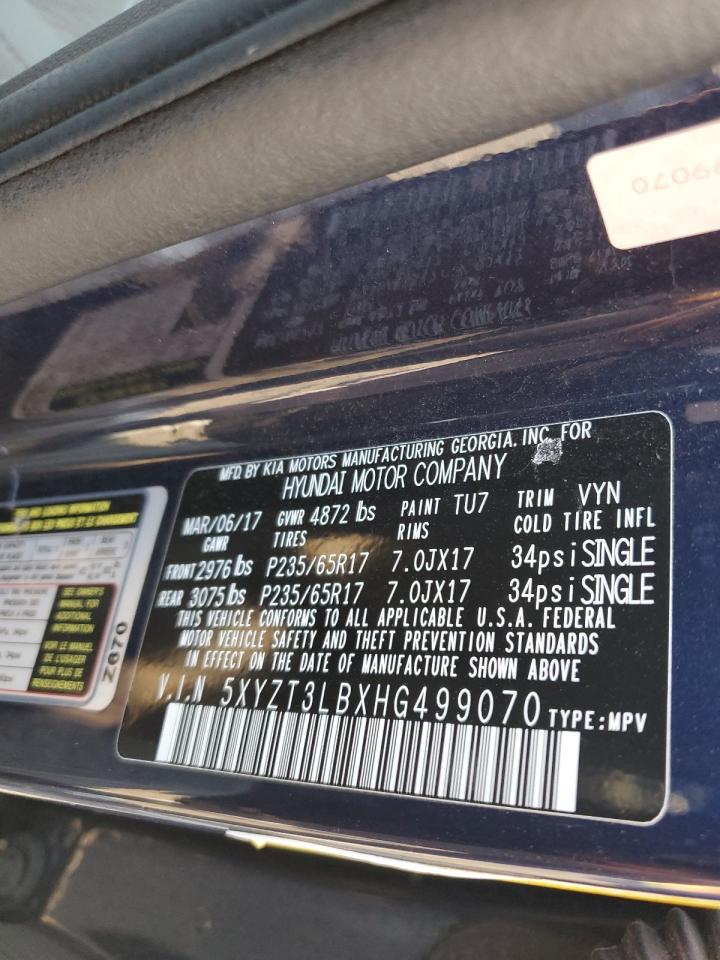 2017 Hyundai Santa Fe VIN 5XYZT3LBXHG499070 Copart auction photo, front end / undercarriage damage thumbnail 13