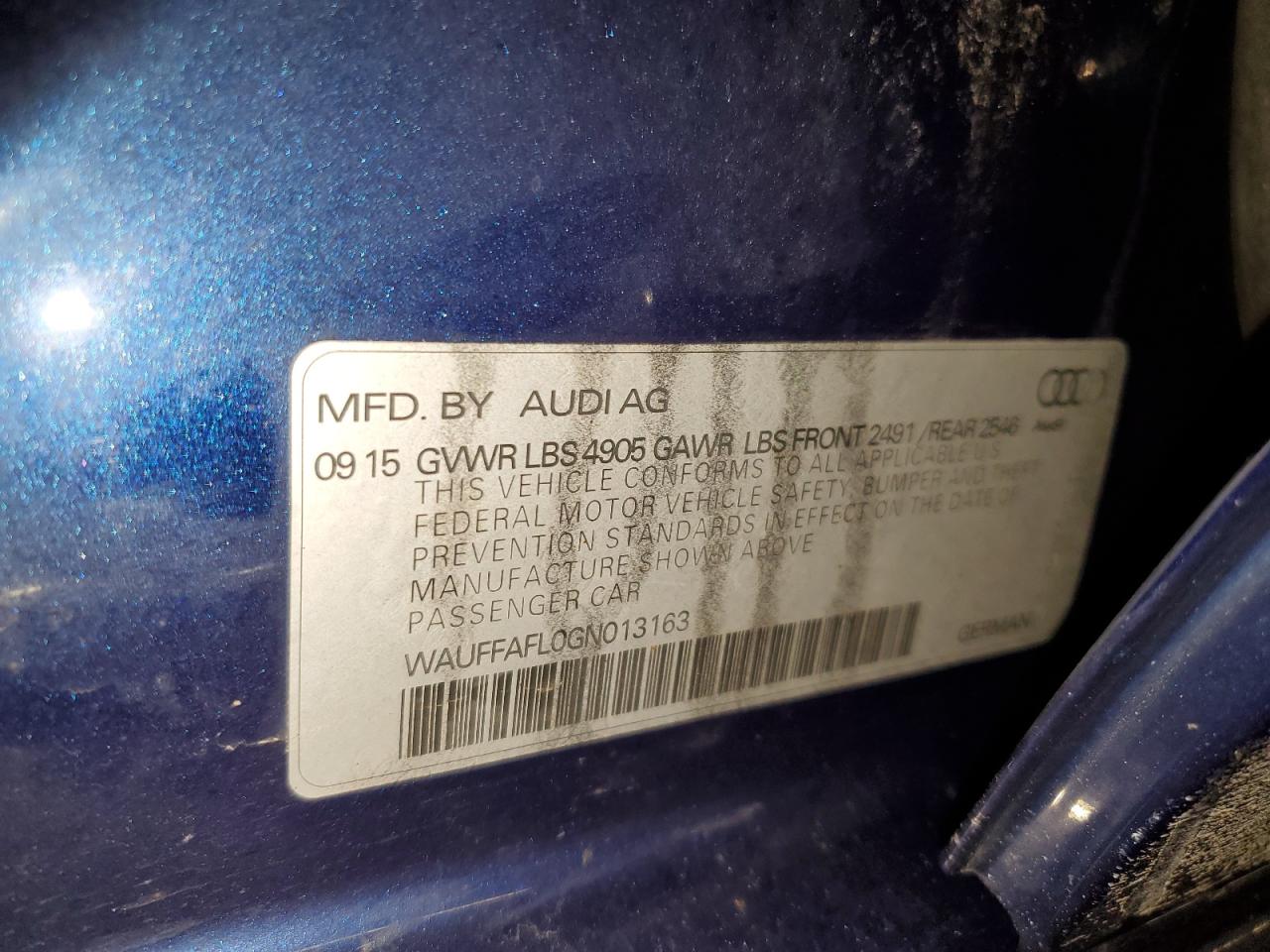2016 Audi A4 VIN WAUFFAFL0GN013163 Copart auction photo, side / front end damage thumbnail 13