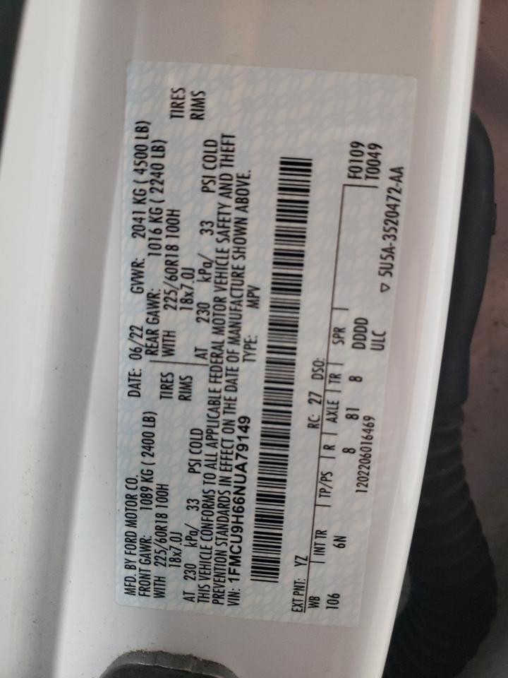 2022 Ford Escape VIN 1FMCU9H66NUA79149 Copart auction photo, normal wear damage thumbnail 13