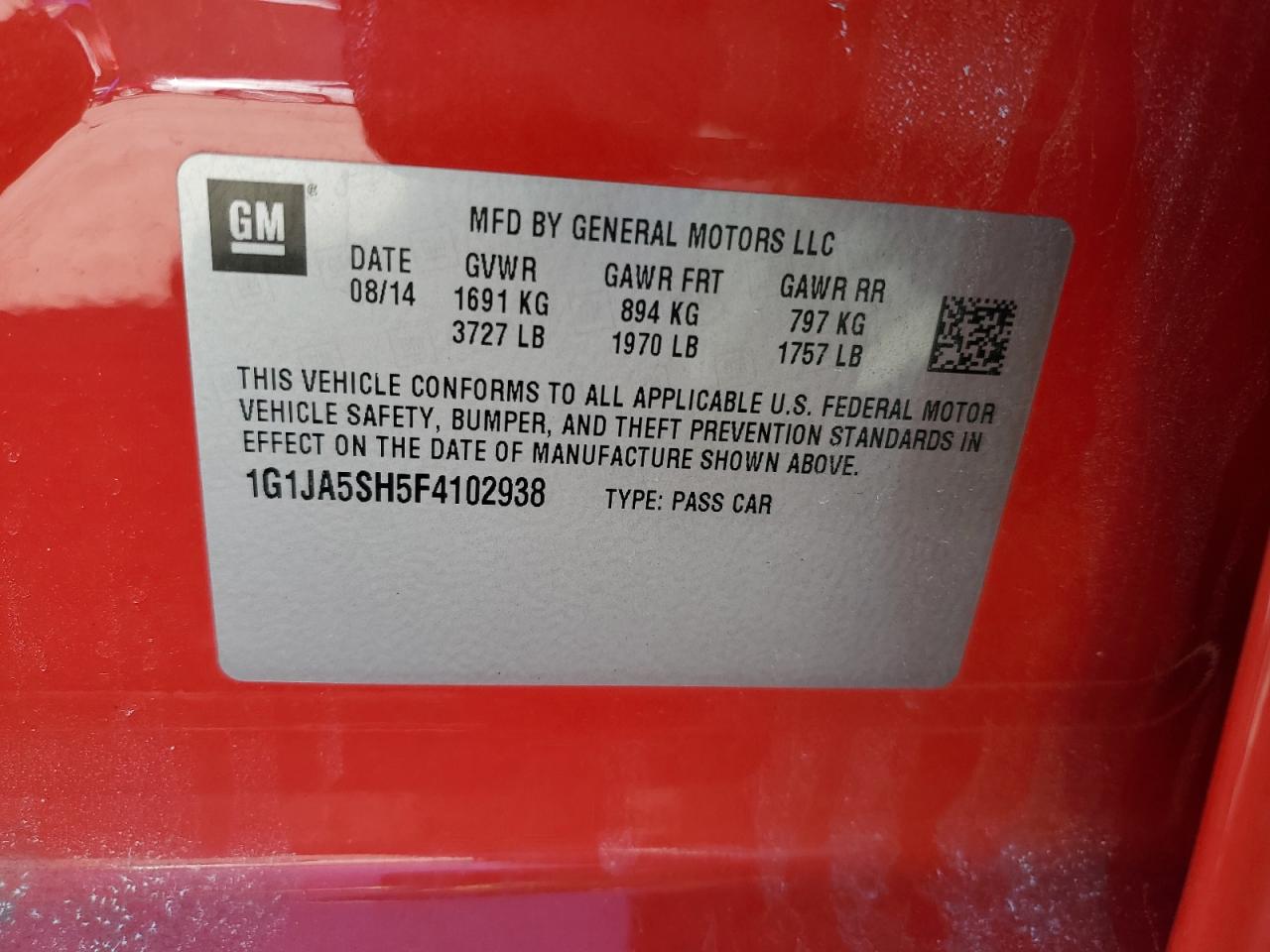 2015 Chevrolet Sonic VIN 1G1JA5SH5F4102938 Copart auction photo, front end damage thumbnail 12
