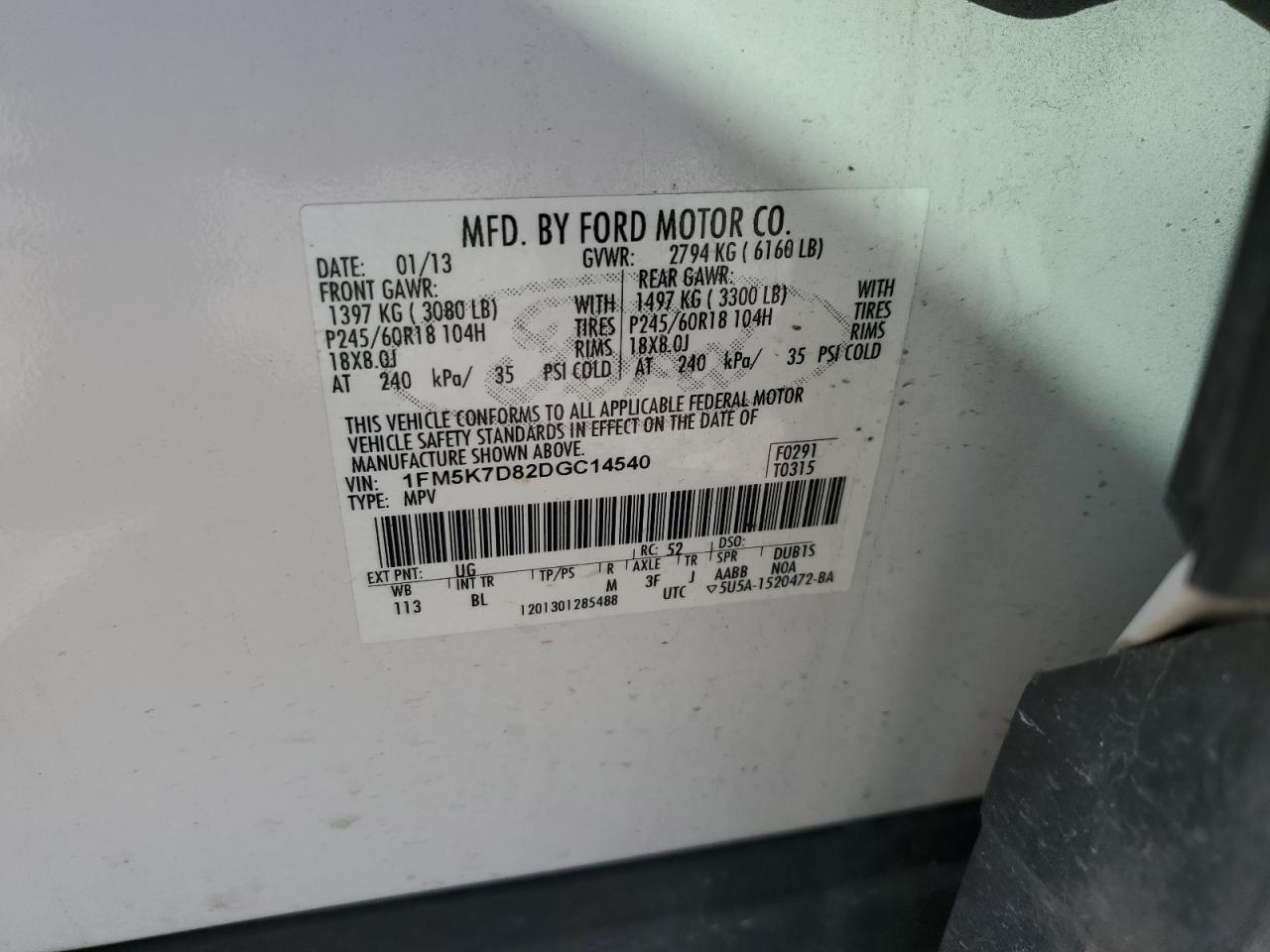 2013 Ford Explorer VIN 1FM5K7D82DGC14540 Copart auction photo, minor dent/scratches damage thumbnail 13