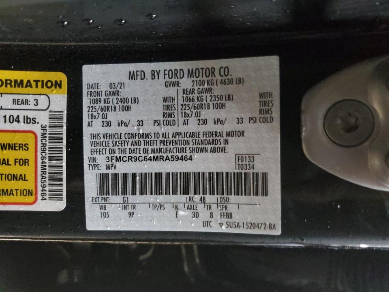 2021 Ford Bronco VIN 3FMCR9C64MRA59464 Copart auction photo, rear end / side damage thumbnail 14