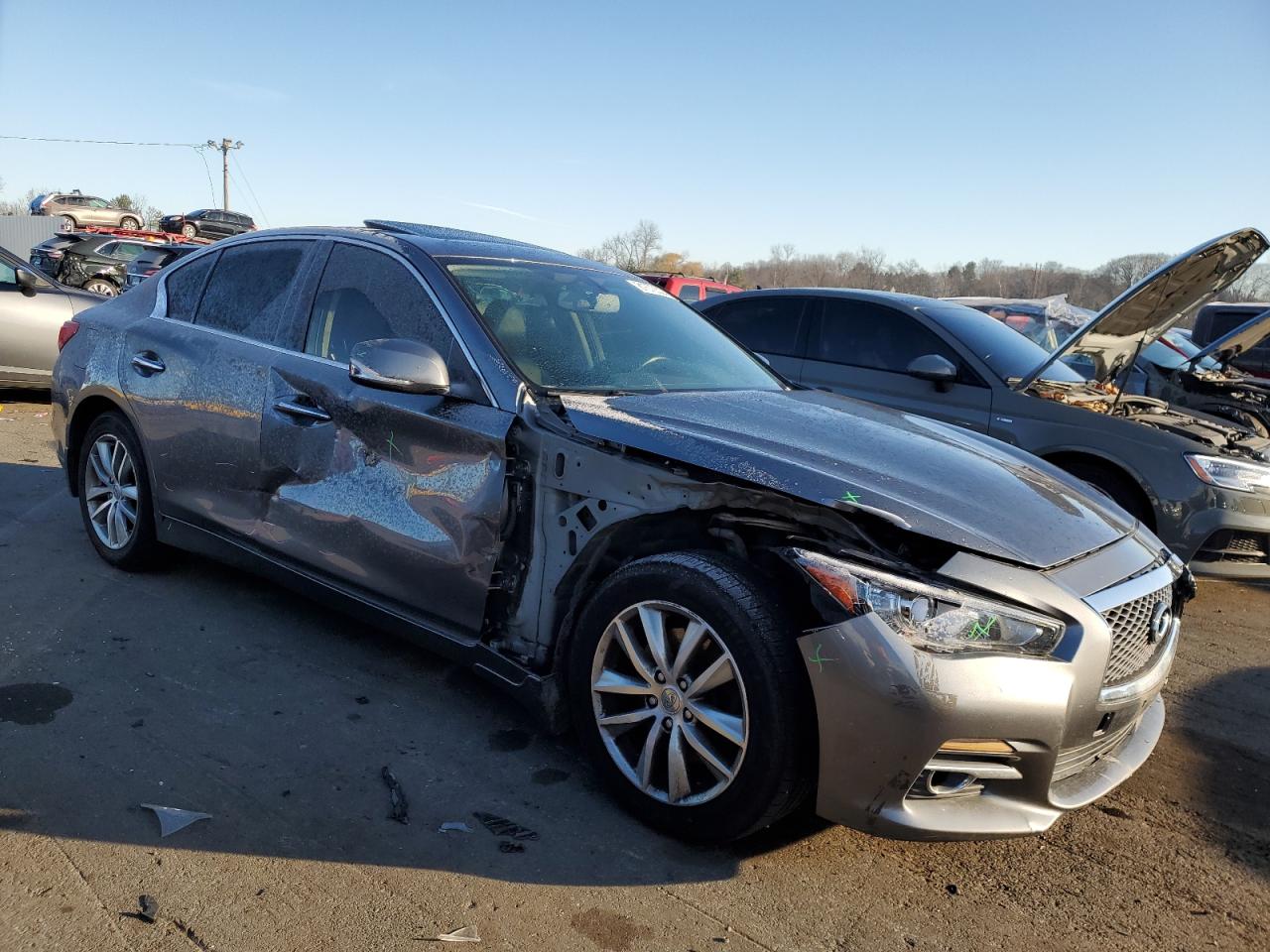 2015 Infiniti Q50 VIN JN1BV7AR9FM413930 Copart auction photo, side / front end damage thumbnail 4