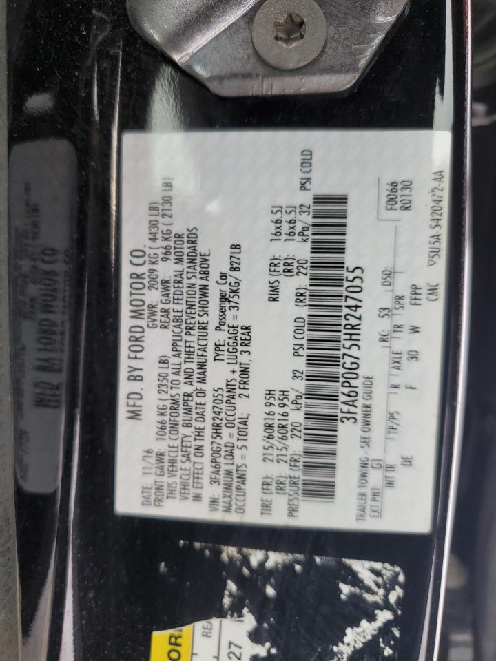 2017 Ford Fusion VIN 3FA6P0G75HR247055 Copart auction photo, frame damage / front end damage thumbnail 14