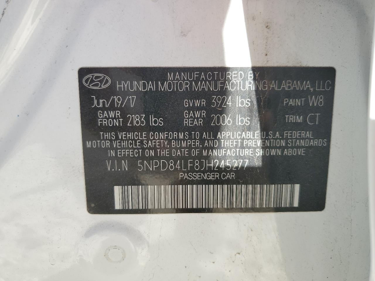 2018 Hyundai Elantra VIN 5NPD84LF8JH245277 Copart auction photo, front end / minor dent/scratches damage thumbnail 13