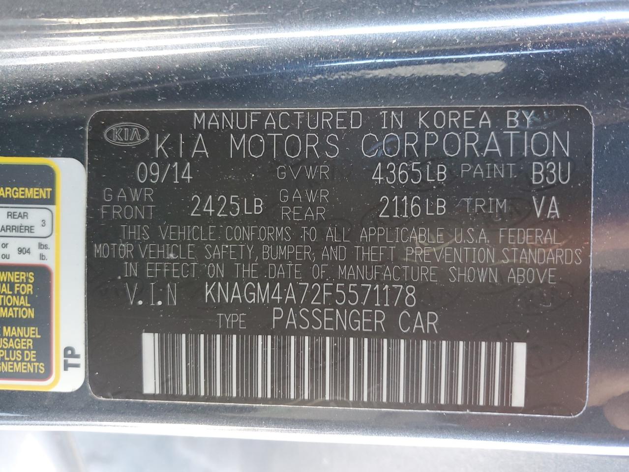 2015 KIA Optima VIN KNAGM4A72F5571178 Copart auction photo, front end / minor dent/scratches damage thumbnail 12