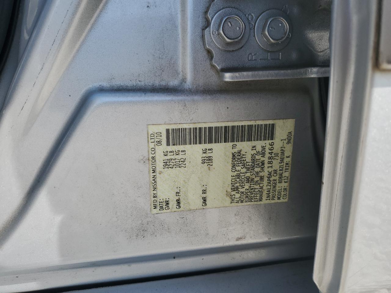 2010 Nissan Altima VIN 1N4AL2AP6AC188466 Copart auction photo, frame damage damage thumbnail 14