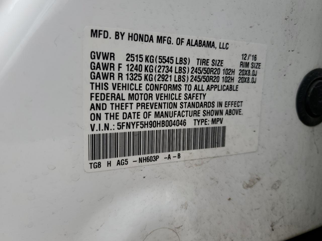 2017 Honda Pilot VIN 5FNYF5H90HB004046 Copart auction photo, all over damage thumbnail 13