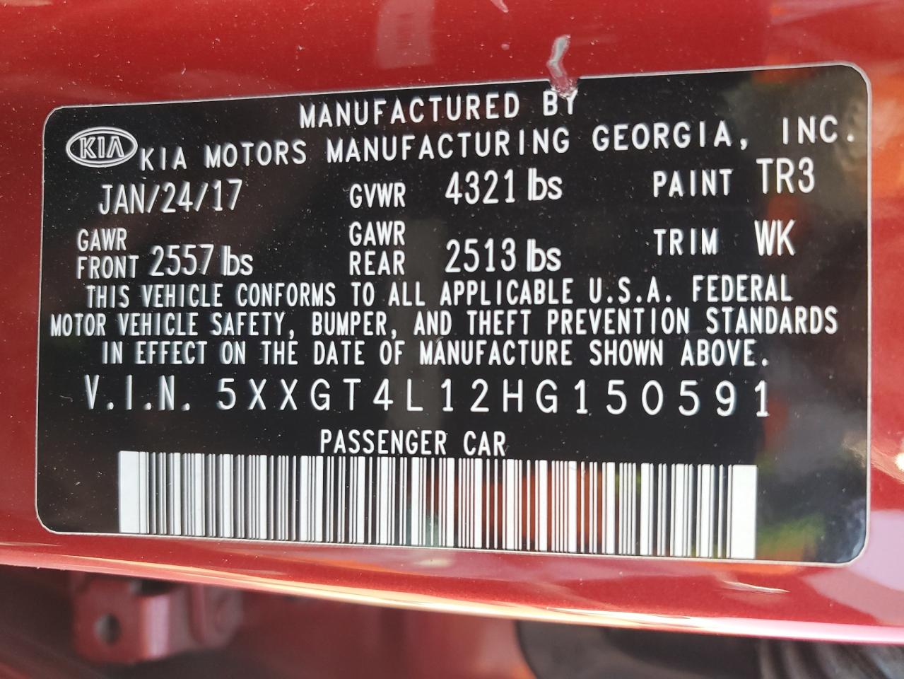 2017 KIA Optima VIN 5XXGT4L12HG150591 Copart auction photo, all over damage thumbnail 12