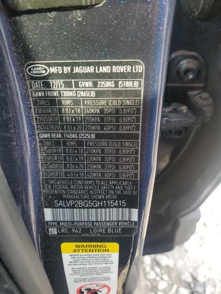 2016 Land Rover Range Rover VIN SALVP2BG5GH115415 Copart auction photo, front end damage thumbnail 14