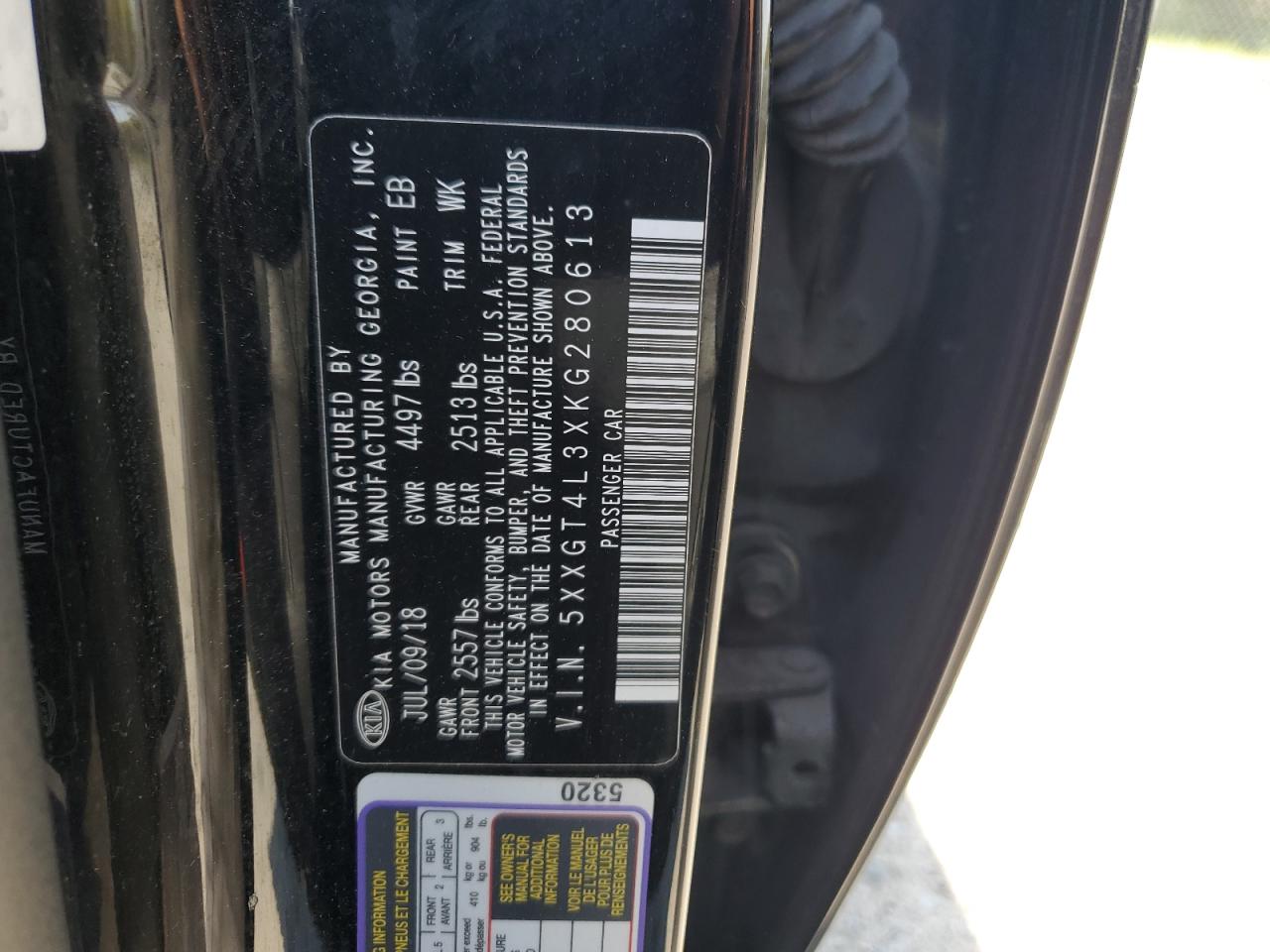 2019 KIA Optima VIN 5XXGT4L3XKG280613 Copart auction photo, front end / minor dent/scratches damage thumbnail 12