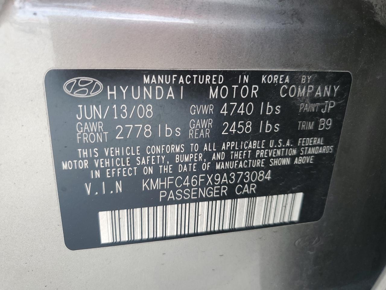 2009 Hyundai Azera VIN KMHFC46FX9A373084 Copart auction photo, rear end damage thumbnail 12