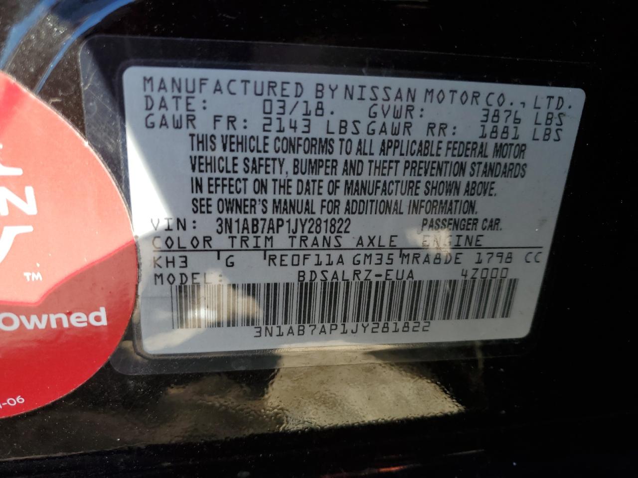 2018 Nissan Sentra VIN 3N1AB7AP1JY281822 Copart auction photo, side damage thumbnail 14