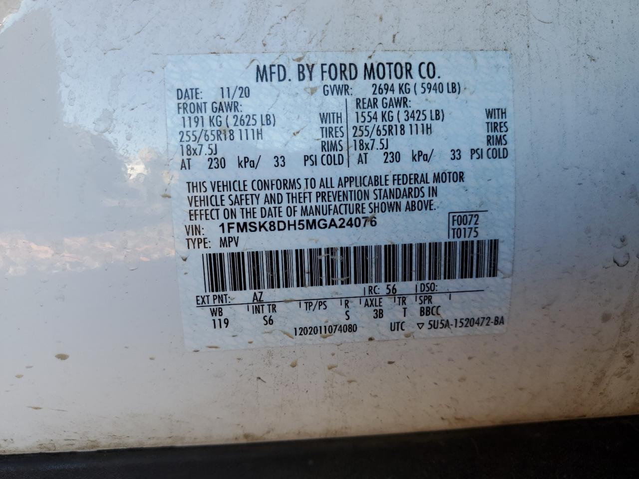 2021 Ford Explorer VIN 1FMSK8DH5MGA24076 Copart auction photo, rear end damage thumbnail 14