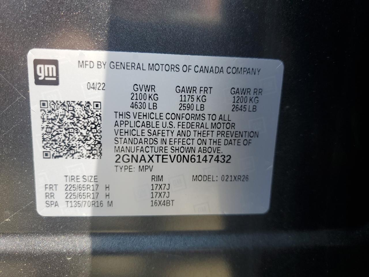 2022 Chevrolet Equinox VIN 2GNAXTEV0N6147432 Copart auction photo, water/flood damage thumbnail 13