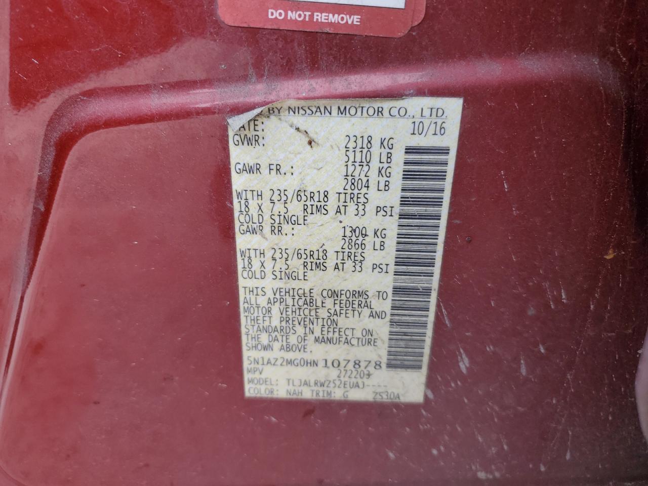 2017 Nissan Murano VIN 5N1AZ2MG0HN107878 Copart auction photo, front end / minor dent/scratches damage thumbnail 12