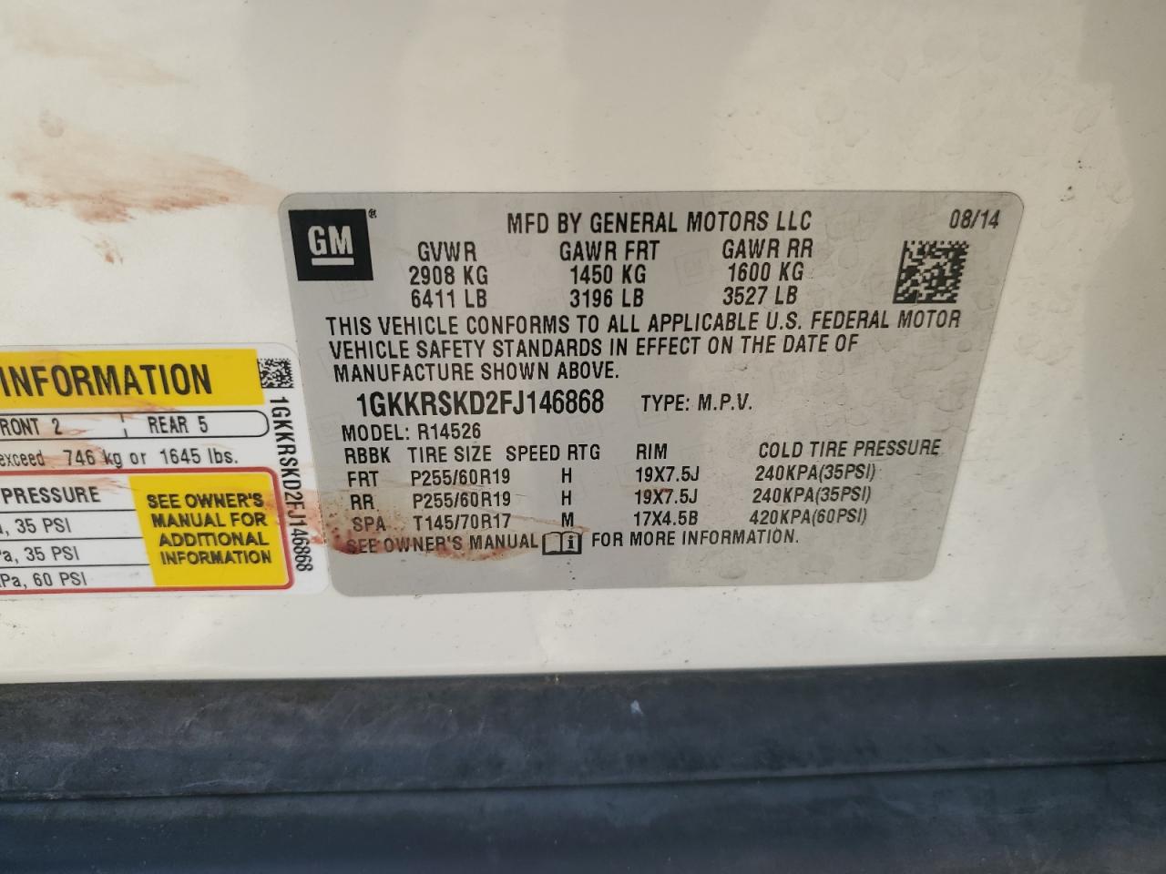 2015 GMC Acadia VIN 1GKKRSKD2FJ146868 Copart auction photo, front end damage thumbnail 14