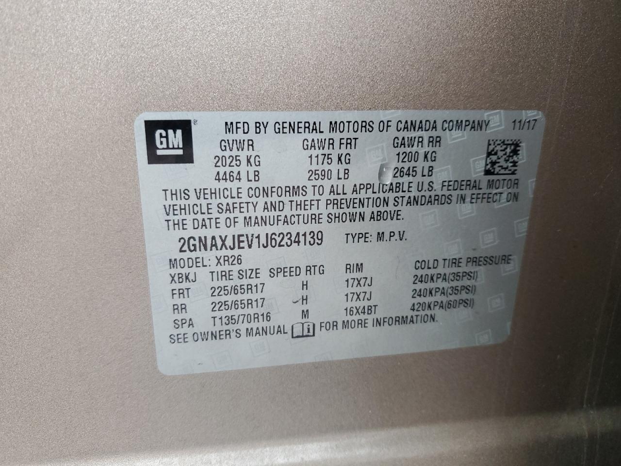 2018 Chevrolet Equinox VIN 2GNAXJEV1J6234139 Copart auction photo, all over damage thumbnail 13