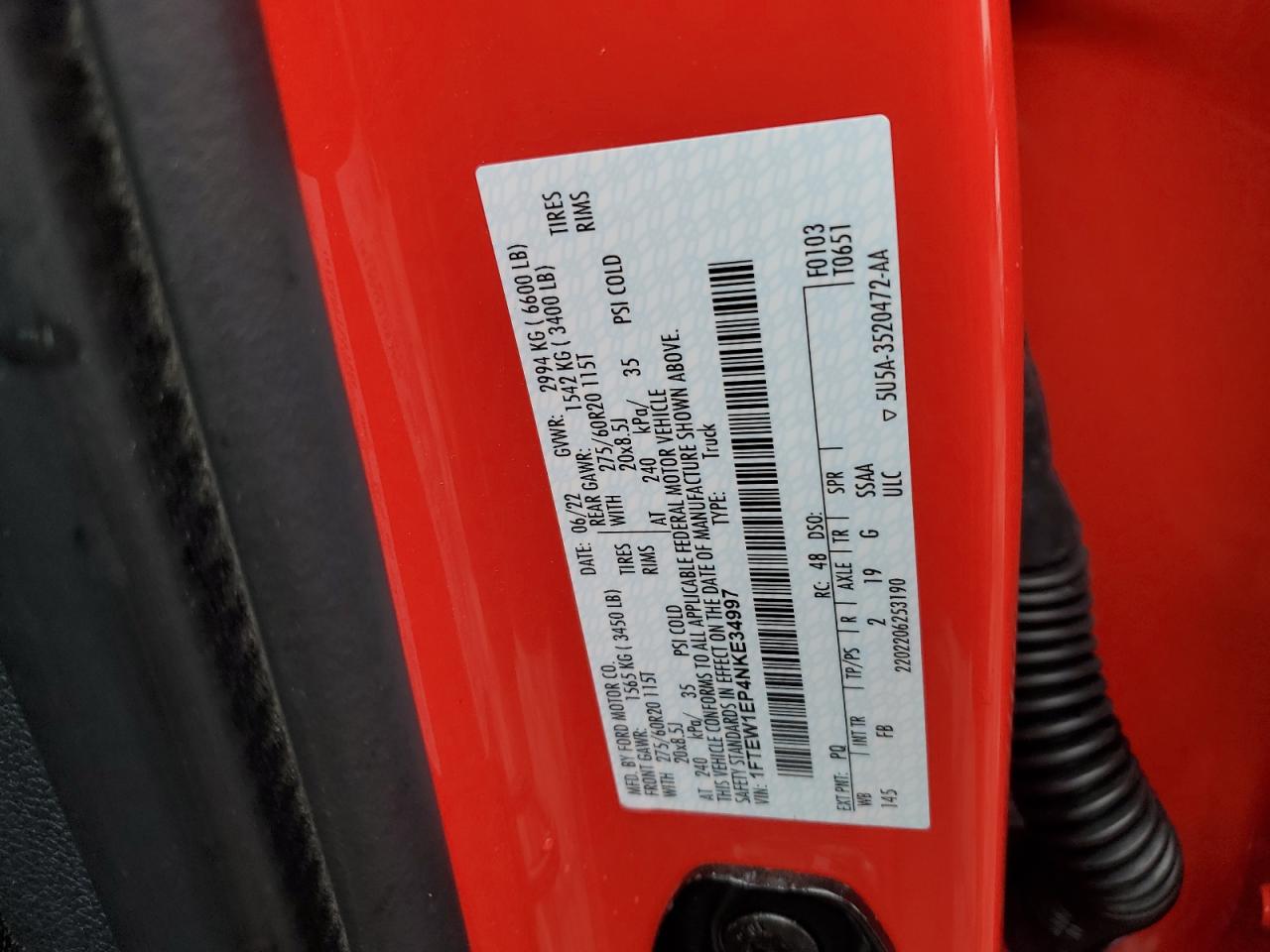 2022 Ford F-150 VIN 1FTEW1EP4NKE34997 Copart auction photo, front end / rear end damage thumbnail 15
