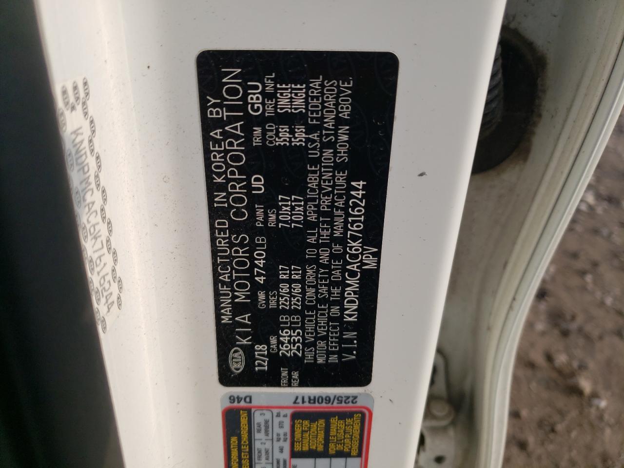 2019 KIA Sportage VIN KNDPMCAC6K7616244 Copart auction photo, vandalism / side damage thumbnail 13