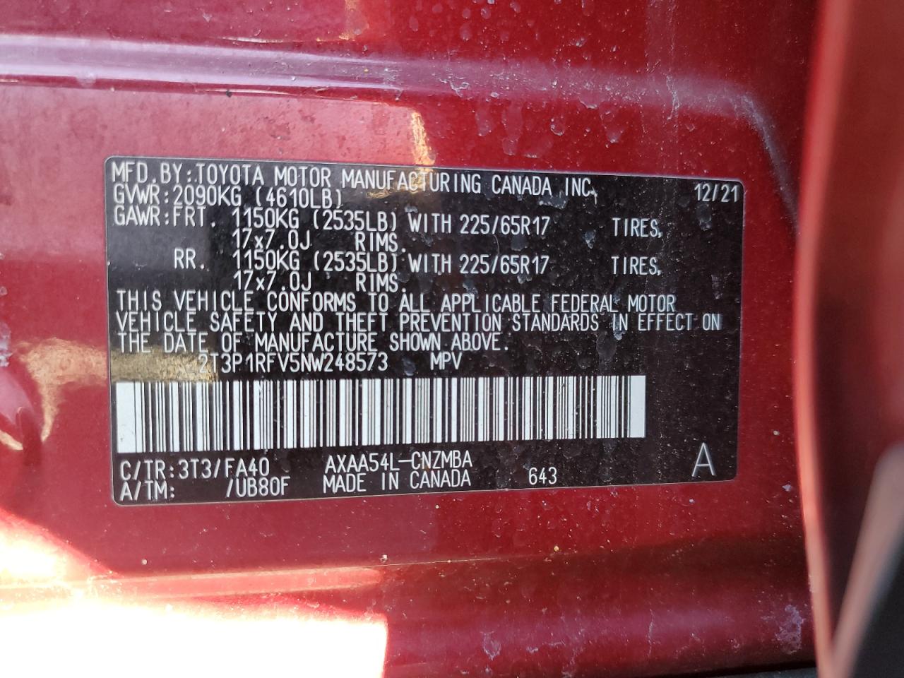 2022 Toyota RAV 4 VIN 2T3P1RFV5NW248573 Copart auction photo, all over damage thumbnail 13