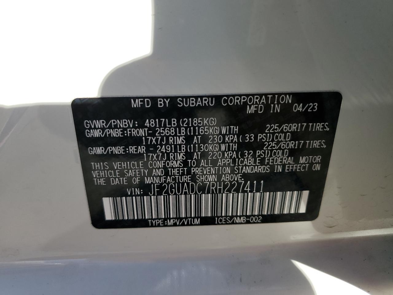 2024 Subaru XV VIN JF2GUADC7RH227411 Copart auction photo, front end damage thumbnail 14