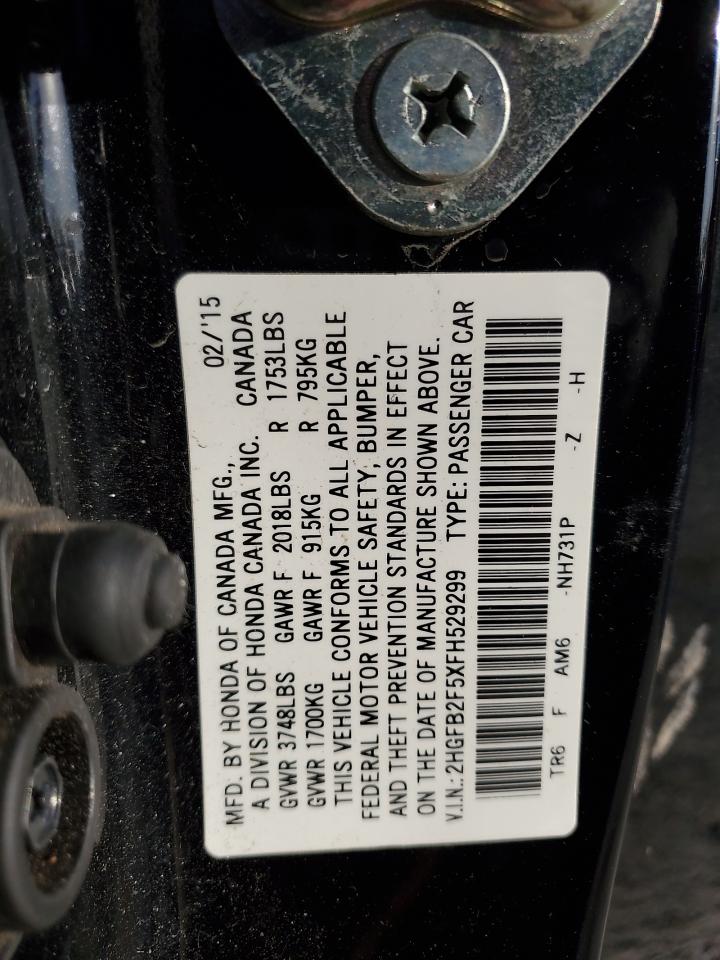 2015 Honda Civic VIN 2HGFB2F5XFH529299 Copart auction photo, front end / side damage thumbnail 14