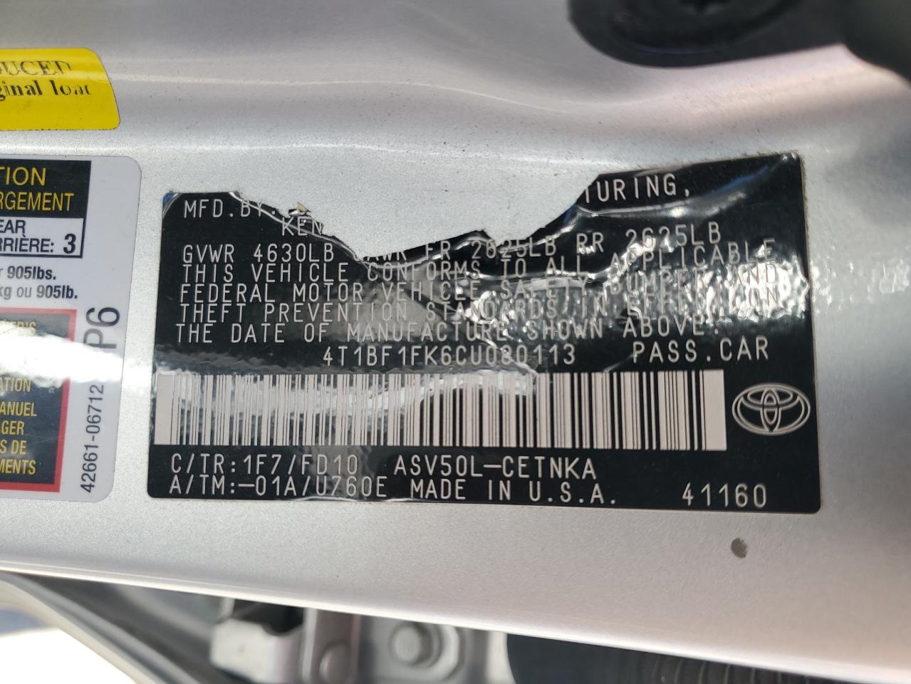 2012 Toyota Camry VIN 4T1BF1FK6CU080113 Copart auction photo, front end damage thumbnail 12