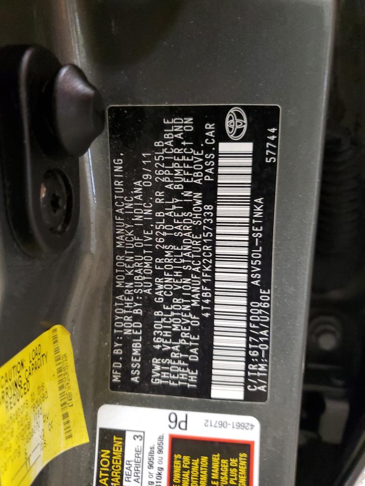 2012 Toyota Camry VIN 4T4BF1FK2CR157338 Copart auction photo, front end damage thumbnail 12