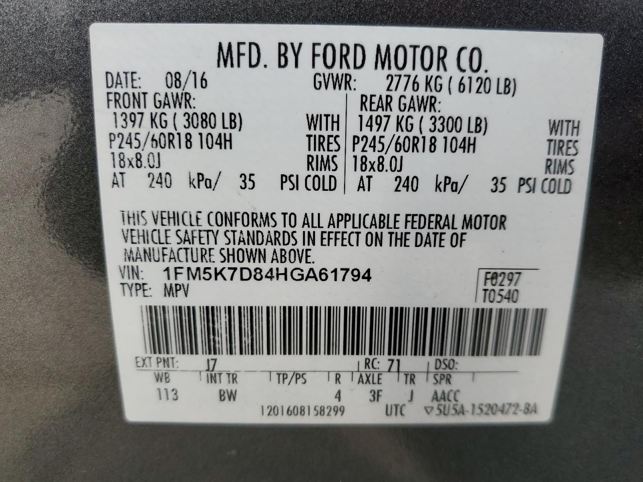 2017 Ford Explorer VIN 1FM5K7D84HGA61794 Copart auction photo, vandalism / side damage thumbnail 15