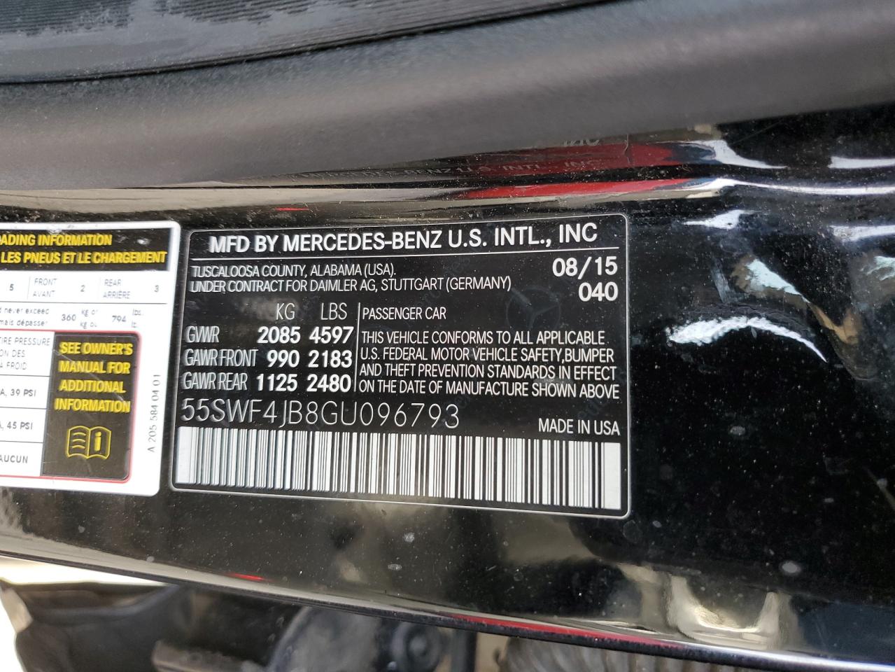 2016 Mercedes-Benz C-klasse VIN 55SWF4JB8GU096793 Copart auction photo, front end / rear end damage thumbnail 12