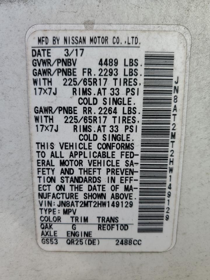 2017 Nissan Rogue VIN JN8AT2MT2HW149129 Copart auction photo, front end / side damage thumbnail 13